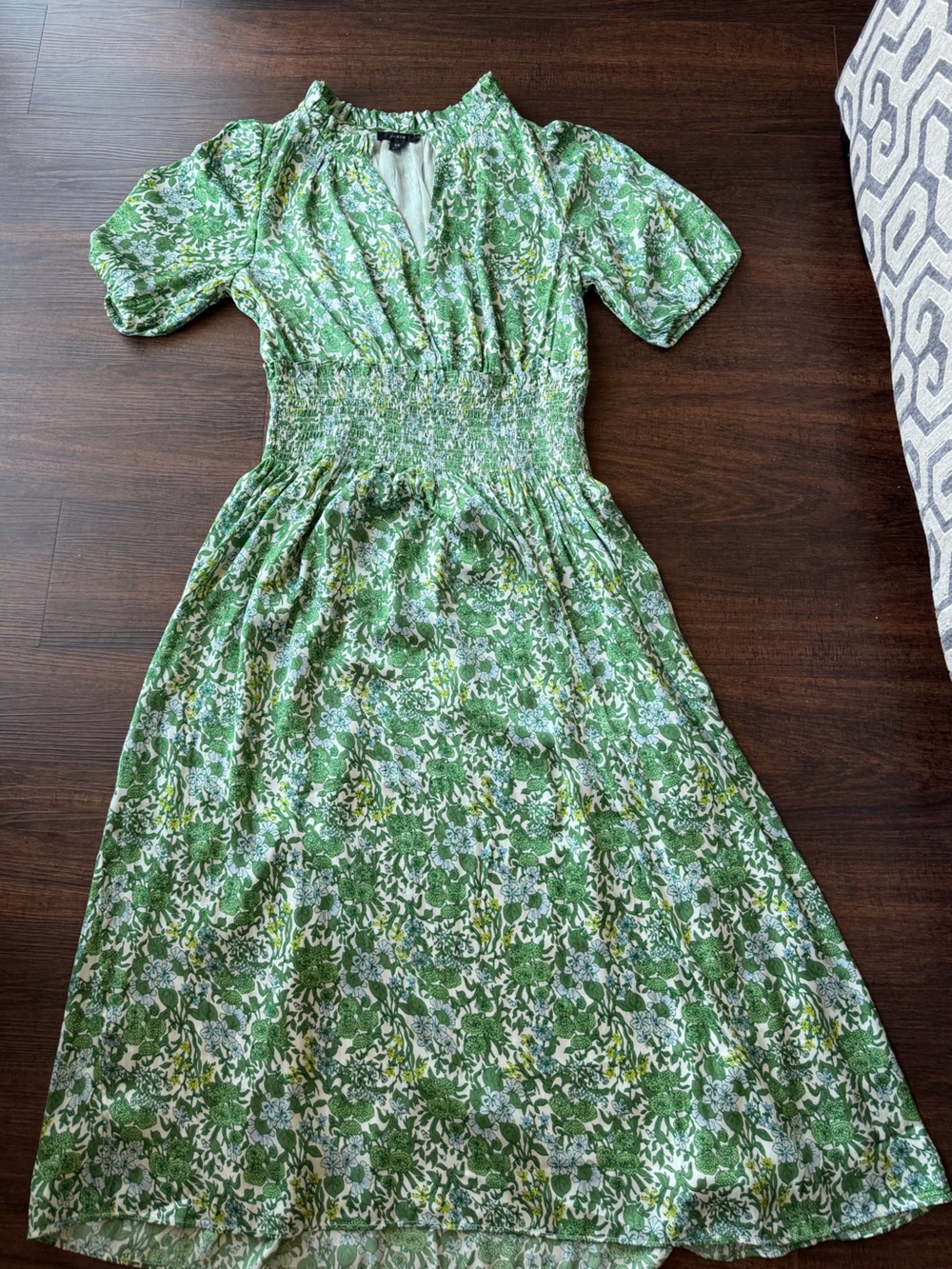 J Crew Smocked-waist featherweight satin dress in tossed floral - Picture 2 of 4